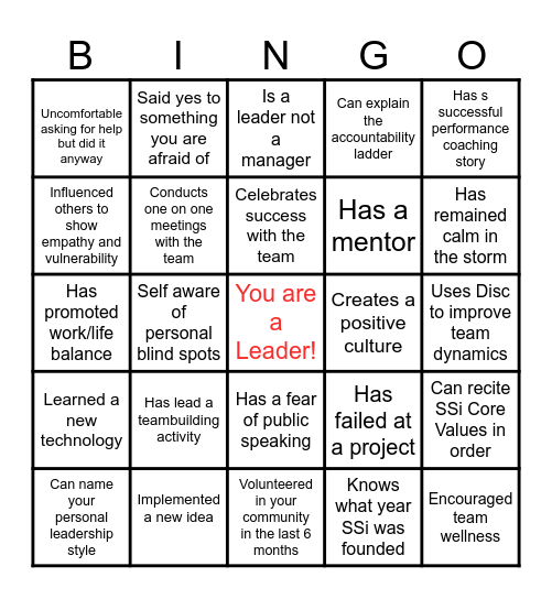 Leadership bingo Card