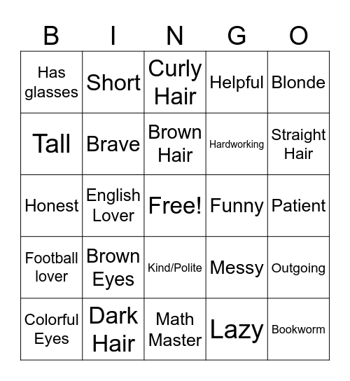 Appearance and Personality Bingo Card