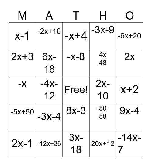 Matho Bingo Card