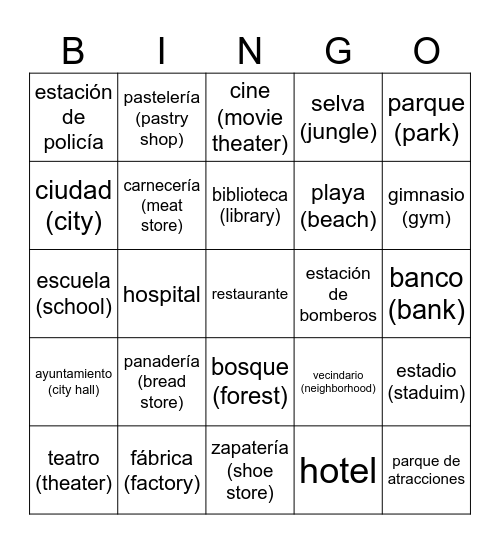 Places Bingo Card