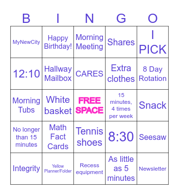 Life in Second Grade Bingo Card