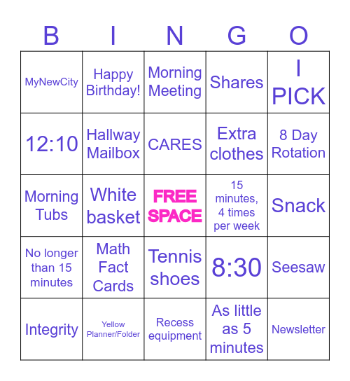 Life in Second Grade Bingo Card