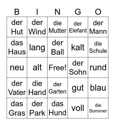 German Cognates Bingo Card