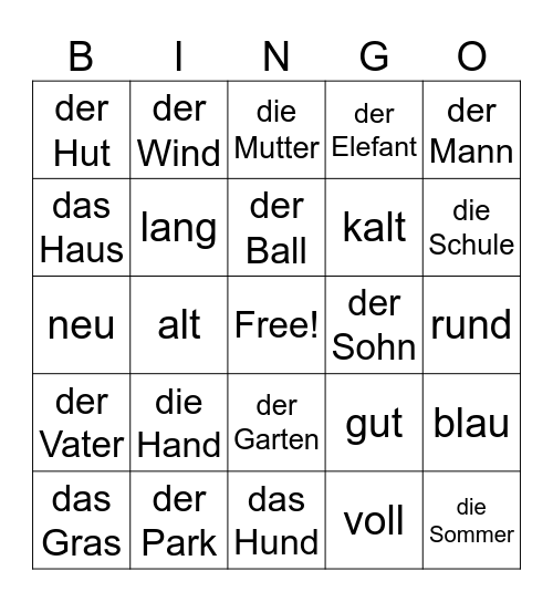 German Cognates Bingo Card