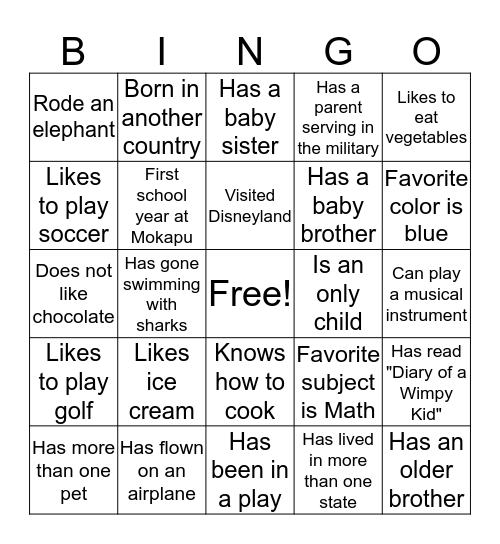 Classmate Bingo Card