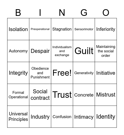 Developmental Stages Bingo Card