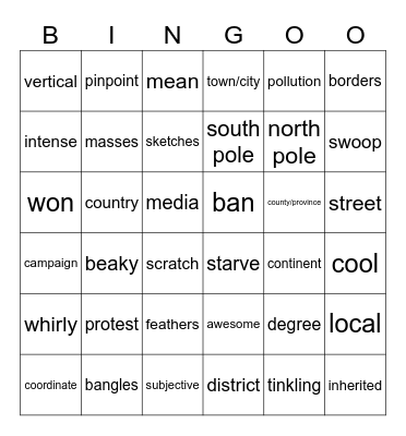 Vocabulary Bingo Card