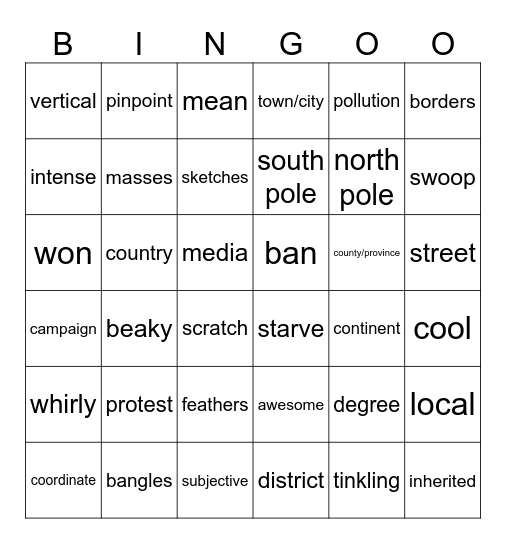 Vocabulary Bingo Card