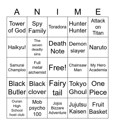 Anime Bingo Card