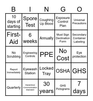 OSHA BINGO Card