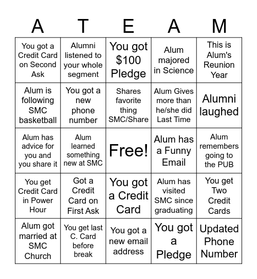 Phonathon Bingo Card