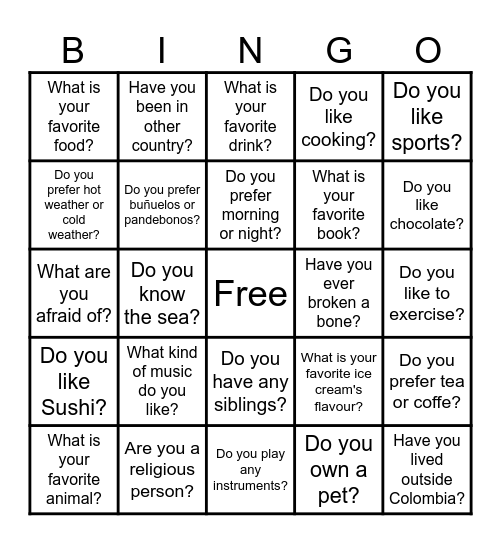 24 Questions Bingo Card