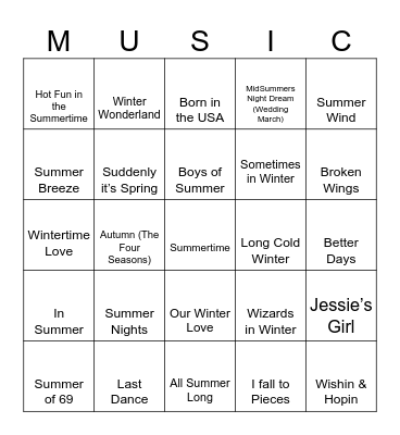 Songs of the Seasons Bingo Card