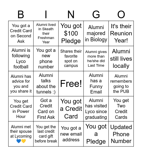 Phonathon Bingo Card