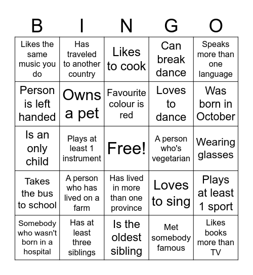 Class Bingo Card