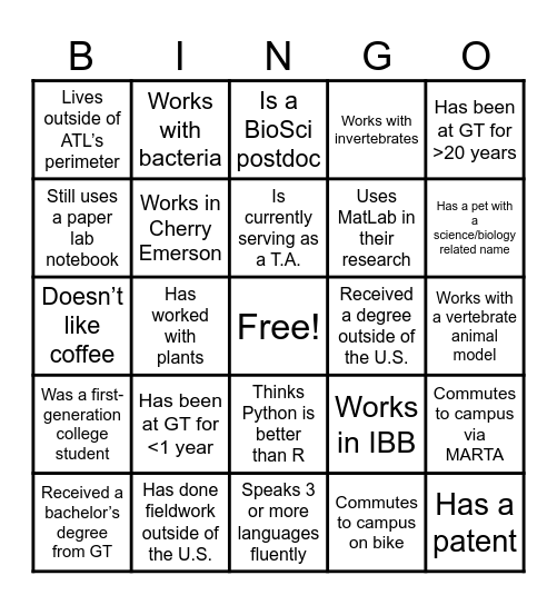 GT BioSci Retreat 2024 Bingo Card