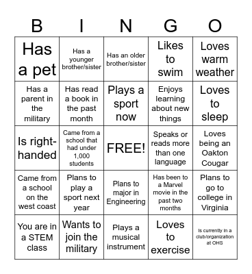 New Student Bingo Card
