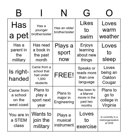 New Student Bingo Card