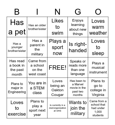 New Student Bingo Card