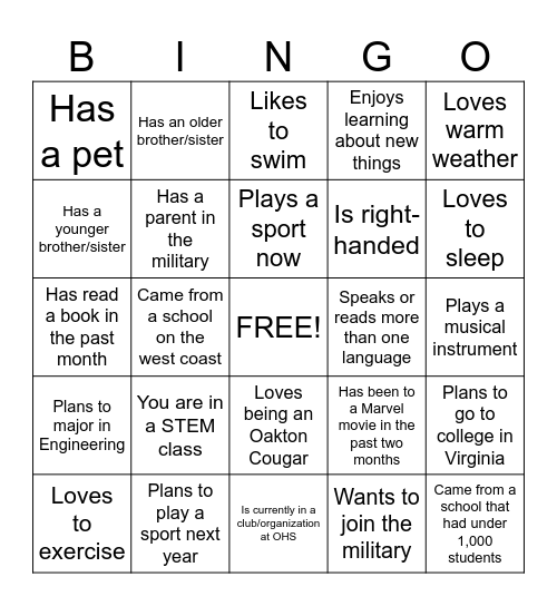 New Student Bingo Card