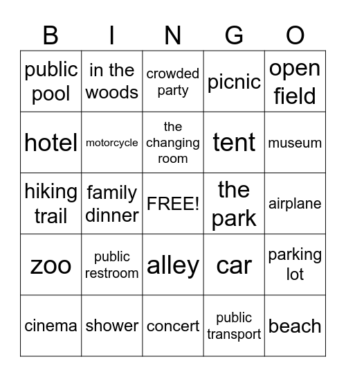 PLACES TO DO IT IN Bingo Card