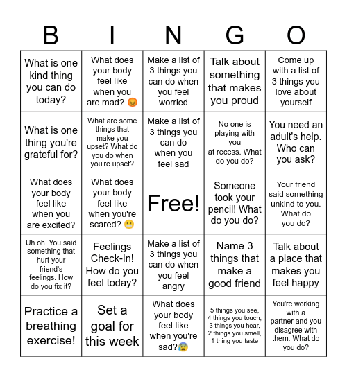 Social Emotional Bingo! Bingo Card