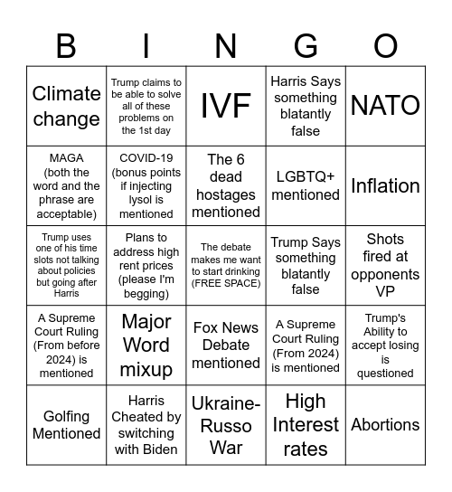 Sept. 10 Presidential Debate Bingo Card