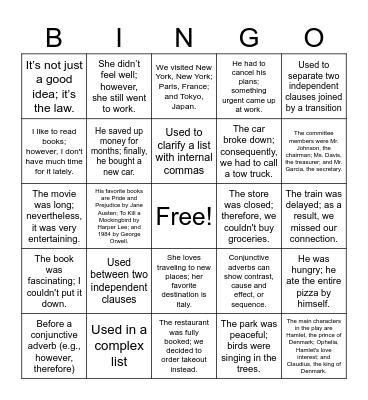 SEMICOLONS! Bingo Card