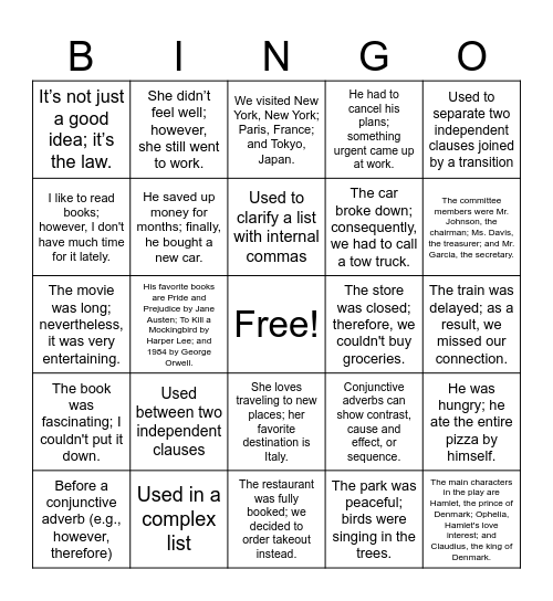 SEMICOLONS! Bingo Card