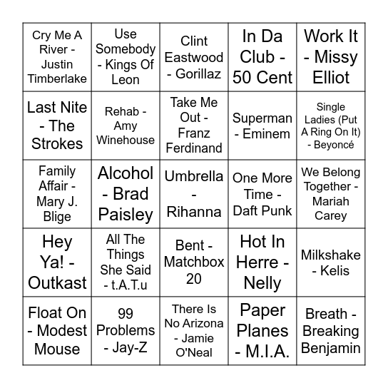 2000's Mix Tape Bingo Card