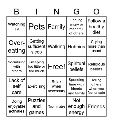 Healthy Aging Bingo Card