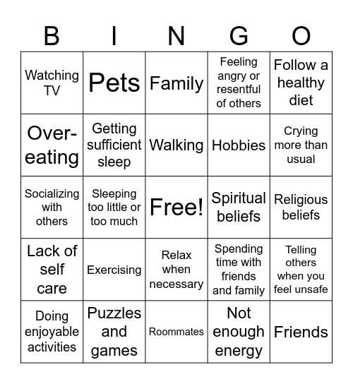 Healthy Aging Bingo Card