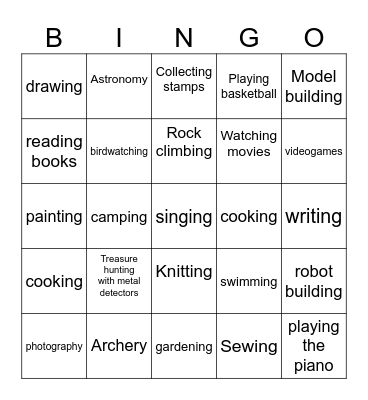 Hobbies Bingo Card