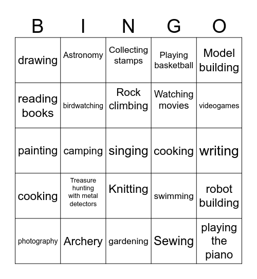 Hobbies Bingo Card