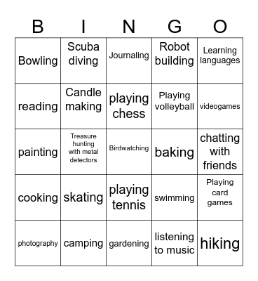 Hobbies Bingo Card