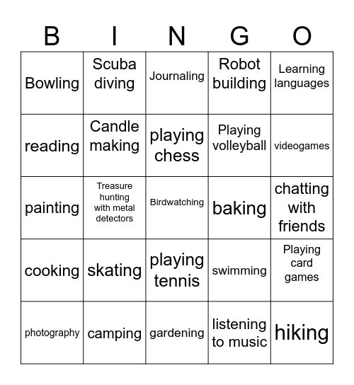 Hobbies Bingo Card