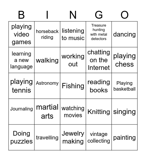 Hobbies Bingo Card