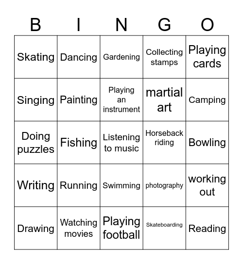 HOBBIES Bingo Card