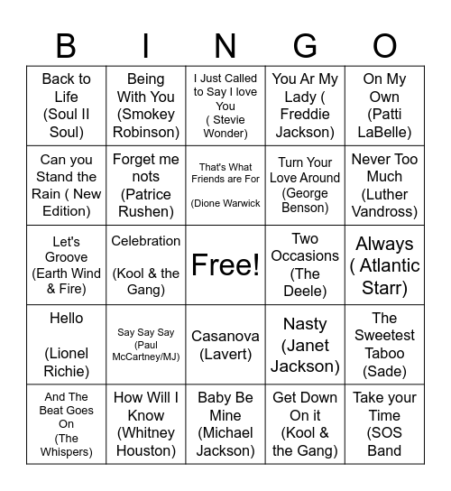 Bingo 80 R& B Bingo Card