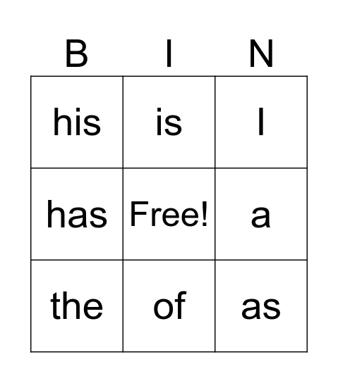 Heart Word Bingo Card