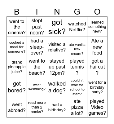 Back-to-School Bingo - What did you do over the holiday? Bingo Card