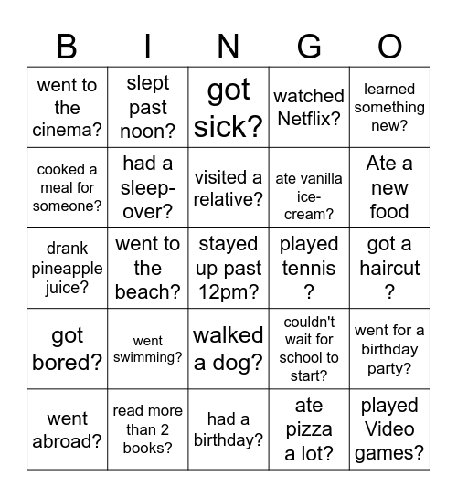 Back-to-School Bingo - What did you do over the holiday? Bingo Card