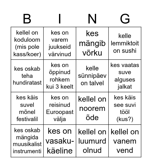 LEIA SELTSKONNAST KEEGI: Bingo Card