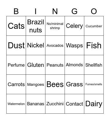 Allergen Bingo Card