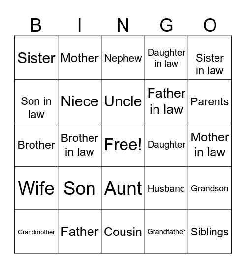 Family Members Bingo Card