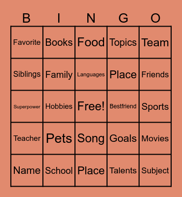 All About Me! Bingo Card