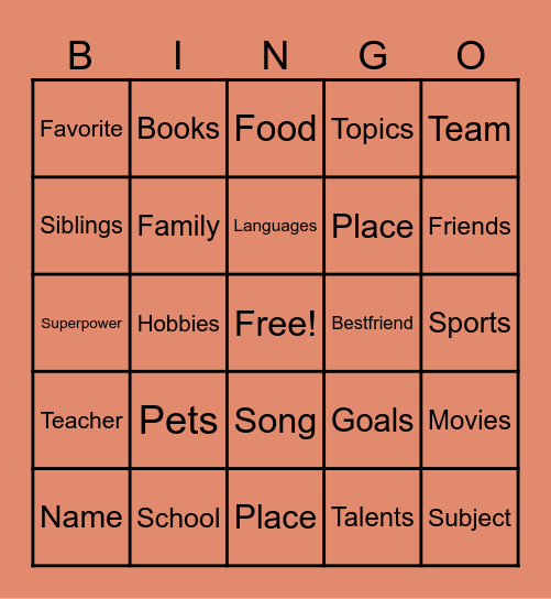 All About Me! Bingo Card