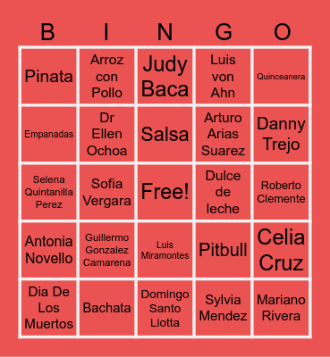 National Hispanic Heritage Month Bingo Card