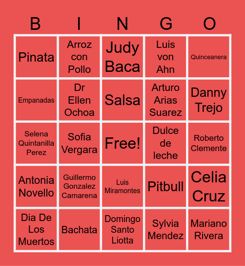 National Hispanic Heritage Month Bingo Card