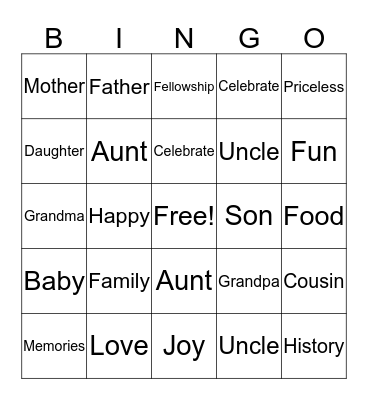Family Reunion Bingo Card